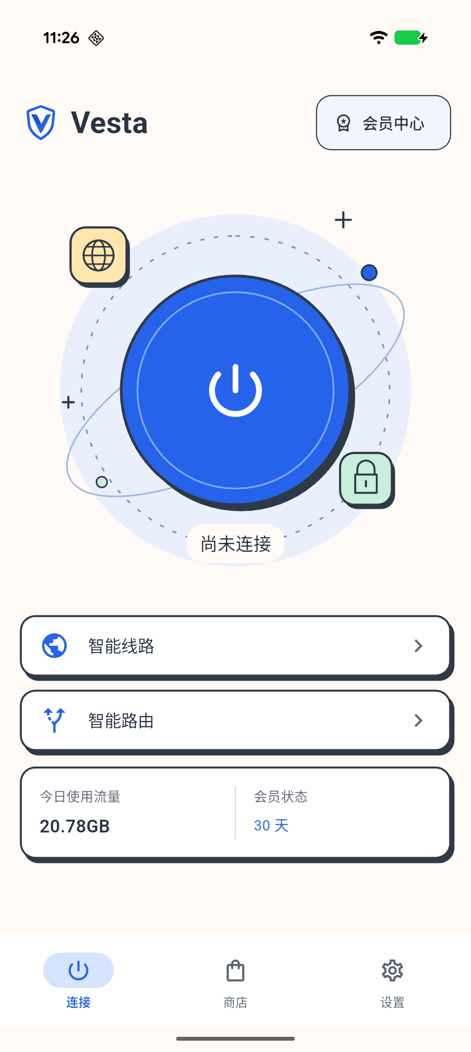 VestaVPN 连接页:智能线路、智能路由、今日使用流量与30天会员状态。